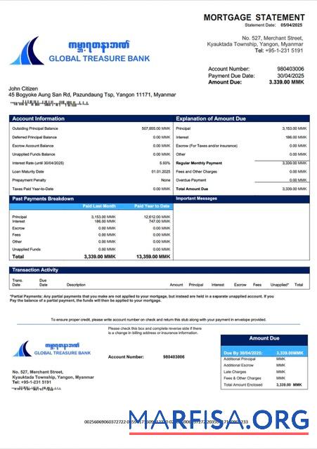Printable Myanmar Global Treasure Bank mortgage statement Word and PDF template